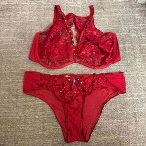 Adore Me Emmaline Red Unlined Lace Halter Studded Bra Lingerie Set 42H 1X
